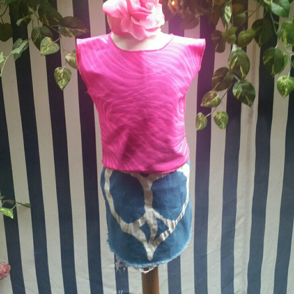 Stretch denim hand painted mini skirt &disco top